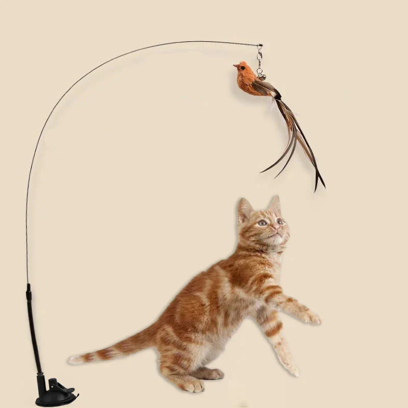 Simulated Bird Cat Toys - Upgraded Feather Teasing Stick, Long Rod with Steel Wire, Cat Safe Fun - Image 2