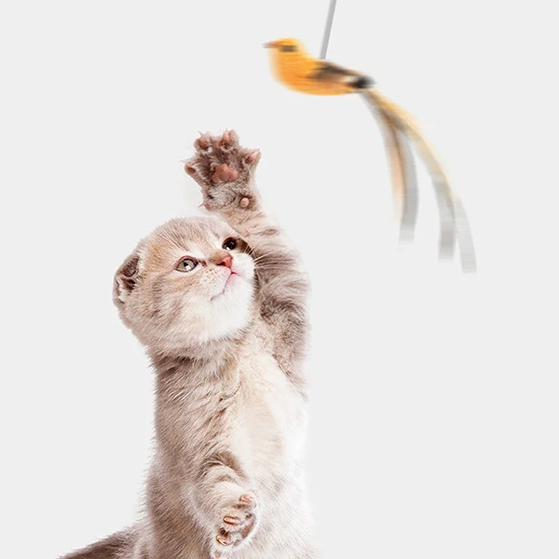 Simulated Bird Cat Toys - Upgraded Feather Teasing Stick, Long Rod with Steel Wire, Cat Safe Fun - Image 4