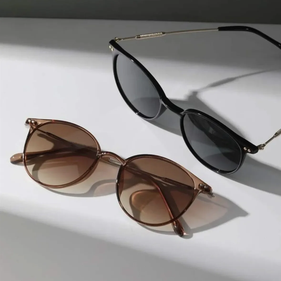 Small Round Cat Eye Sunglasses Set for Women and Men - Vintage Skinny Eyewear, 2 Pairs