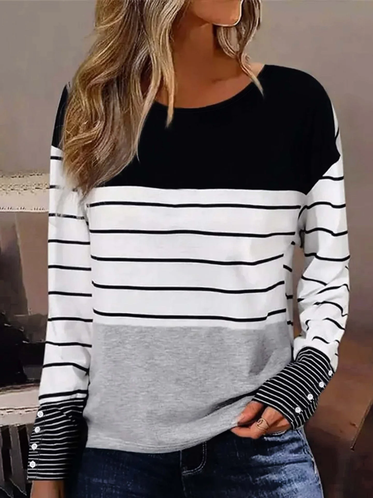 Soft Cozy Women Long Sleeve Top - Colorblock Striped - Image 7