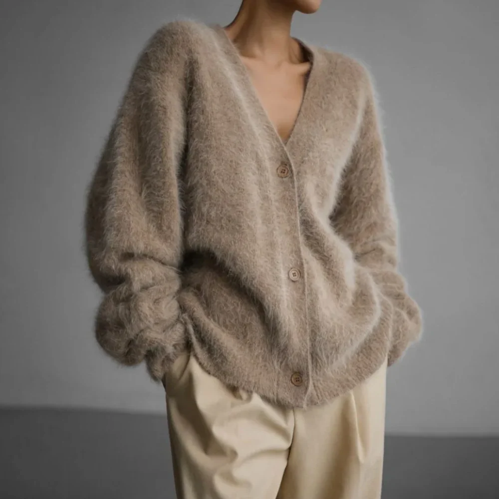 Soft Cozy Women's Cardigan - Oversized V Neck, Fuzzy Knit