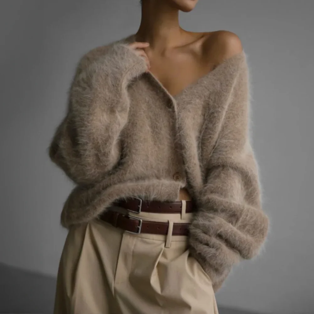 Soft Cozy Women's Cardigan - Oversized V Neck, Fuzzy Knit - Image 2