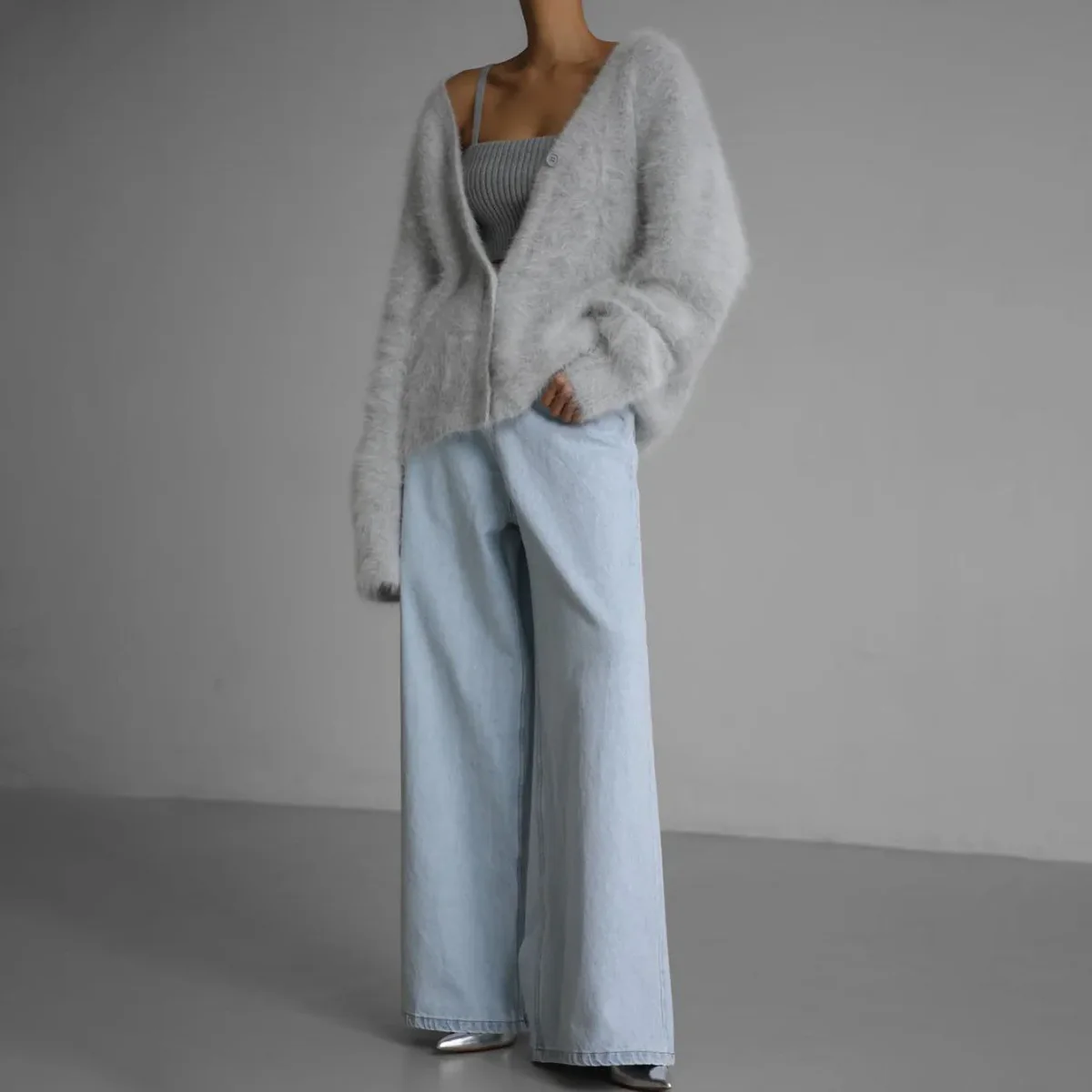 Soft Cozy Women's Cardigan - Oversized V Neck, Fuzzy Knit - Image 3