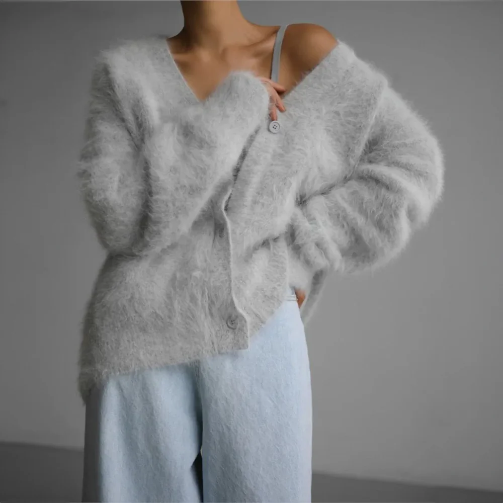 Soft Cozy Women's Cardigan - Oversized V Neck, Fuzzy Knit - Image 5