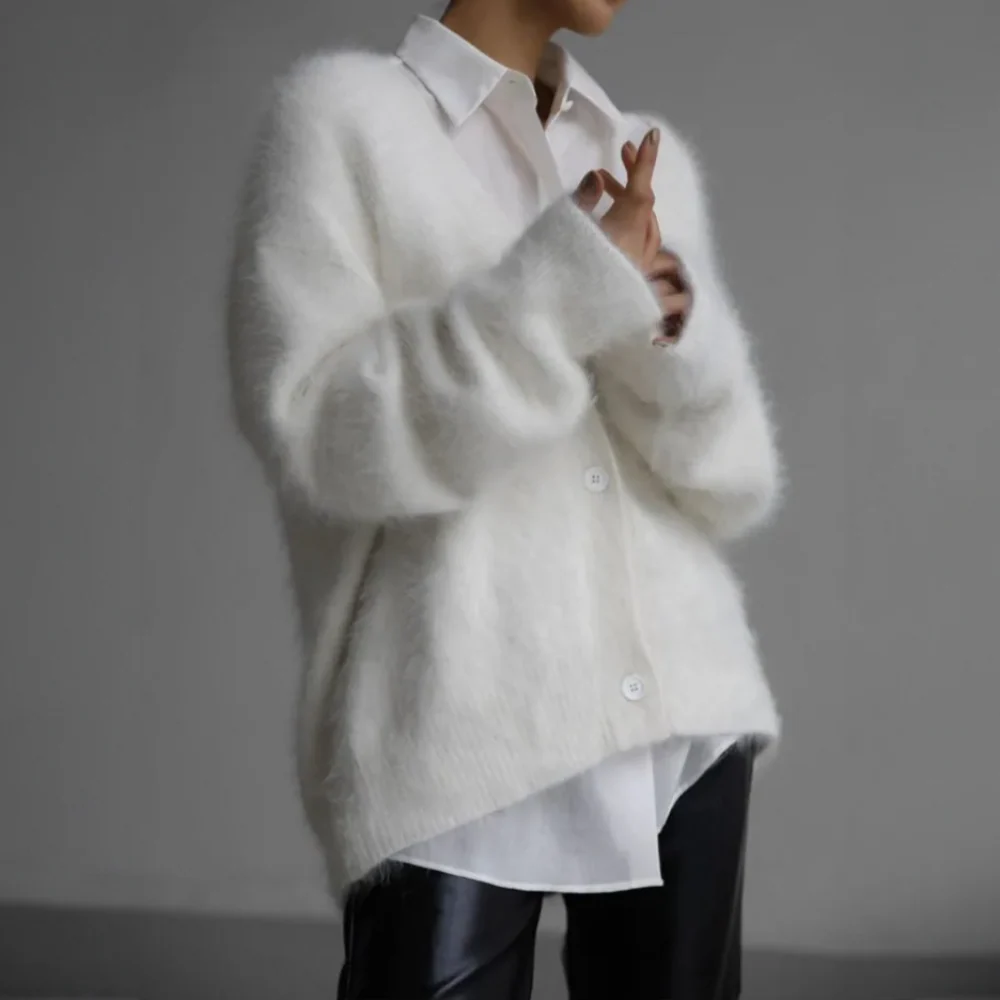 Soft Cozy Women's Cardigan - Oversized V Neck, Fuzzy Knit - Image 7
