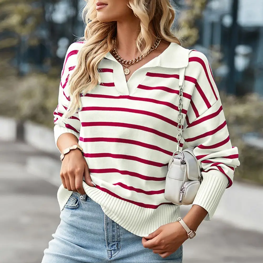 Soft Cozy Women's Pullover - Collared Striped Knit, Casual - Image 3