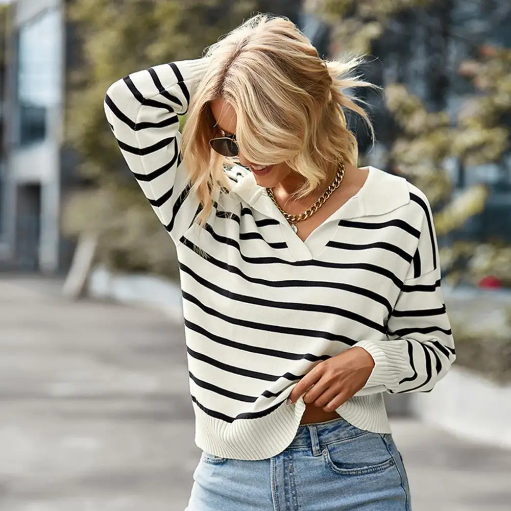 Soft Cozy Women's Pullover - Collared Striped Knit, Casual - Image 4