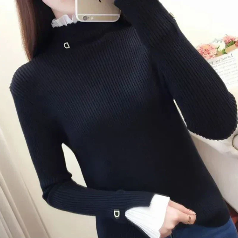 Soft Flattering Women Knit Pullover - Lettuce Neck, Rib - Image 2