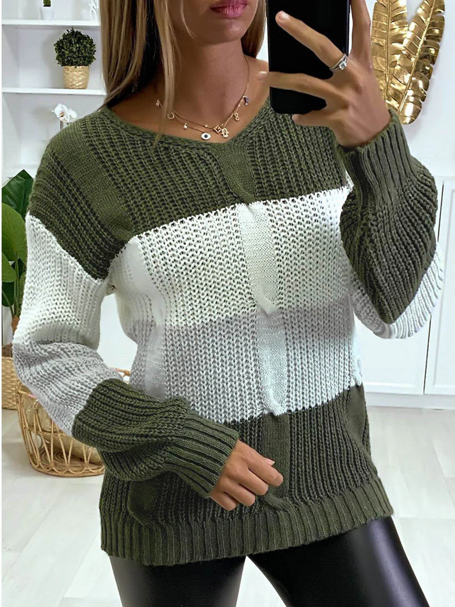 Soft Flattering Women V Neck Sweater - Colorblock Knit - Image 2