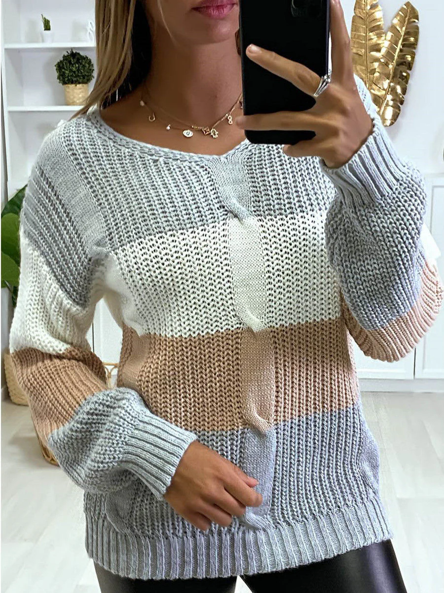 Soft Flattering Women V Neck Sweater - Colorblock Knit - Image 3
