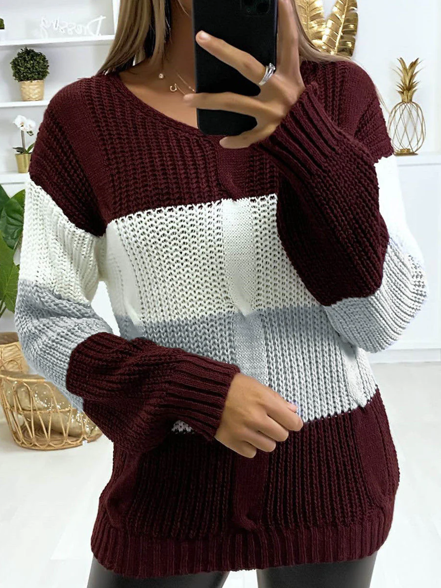 Soft Flattering Women V Neck Sweater - Colorblock Knit - Image 4