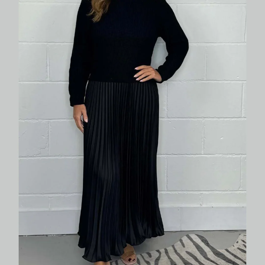 Soft Flowy Women’s Sweater Skirt Set - Pleated Maxi, Satin - Image 4