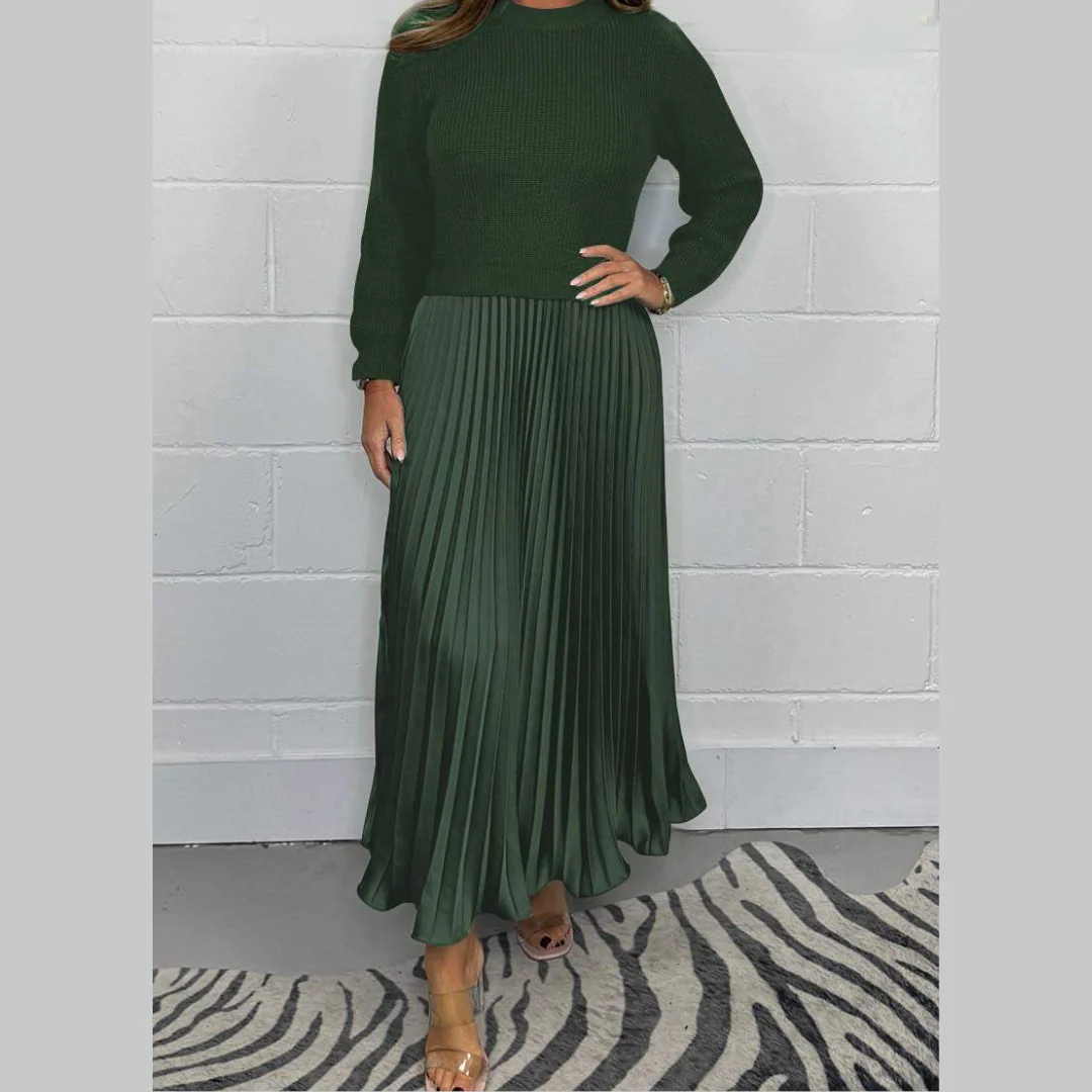 Soft Flowy Women’s Sweater Skirt Set - Pleated Maxi, Satin - Image 5