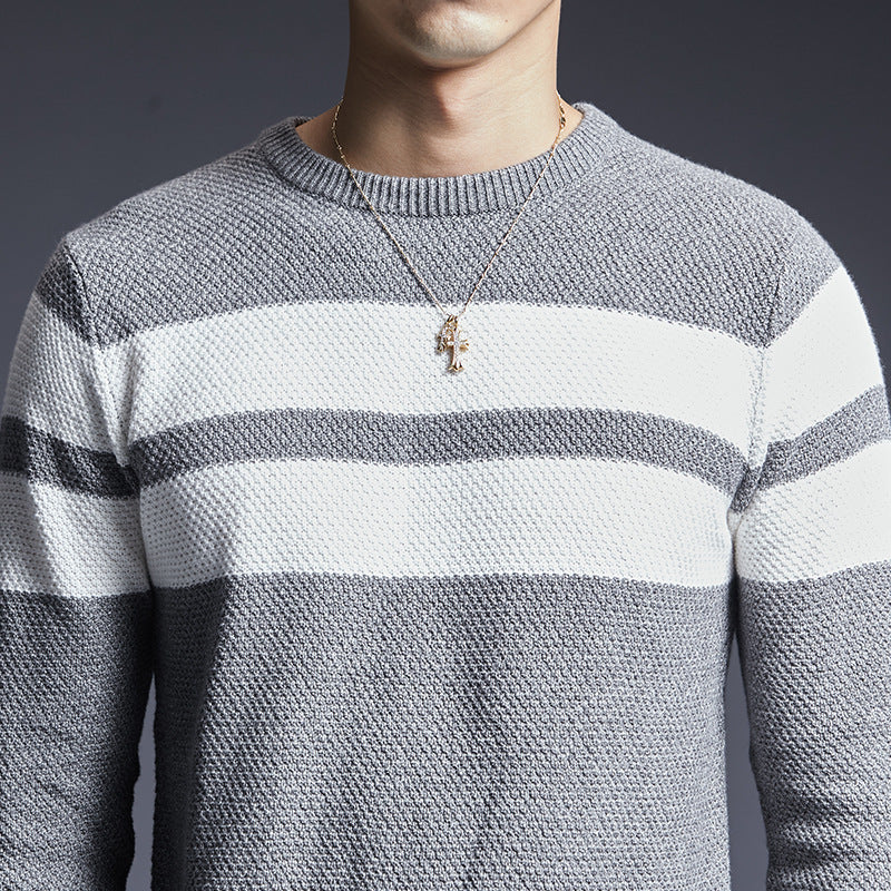 Soft Men's Crew Sweater - Diagonal Stripe, Cotton, Fall - Image 3