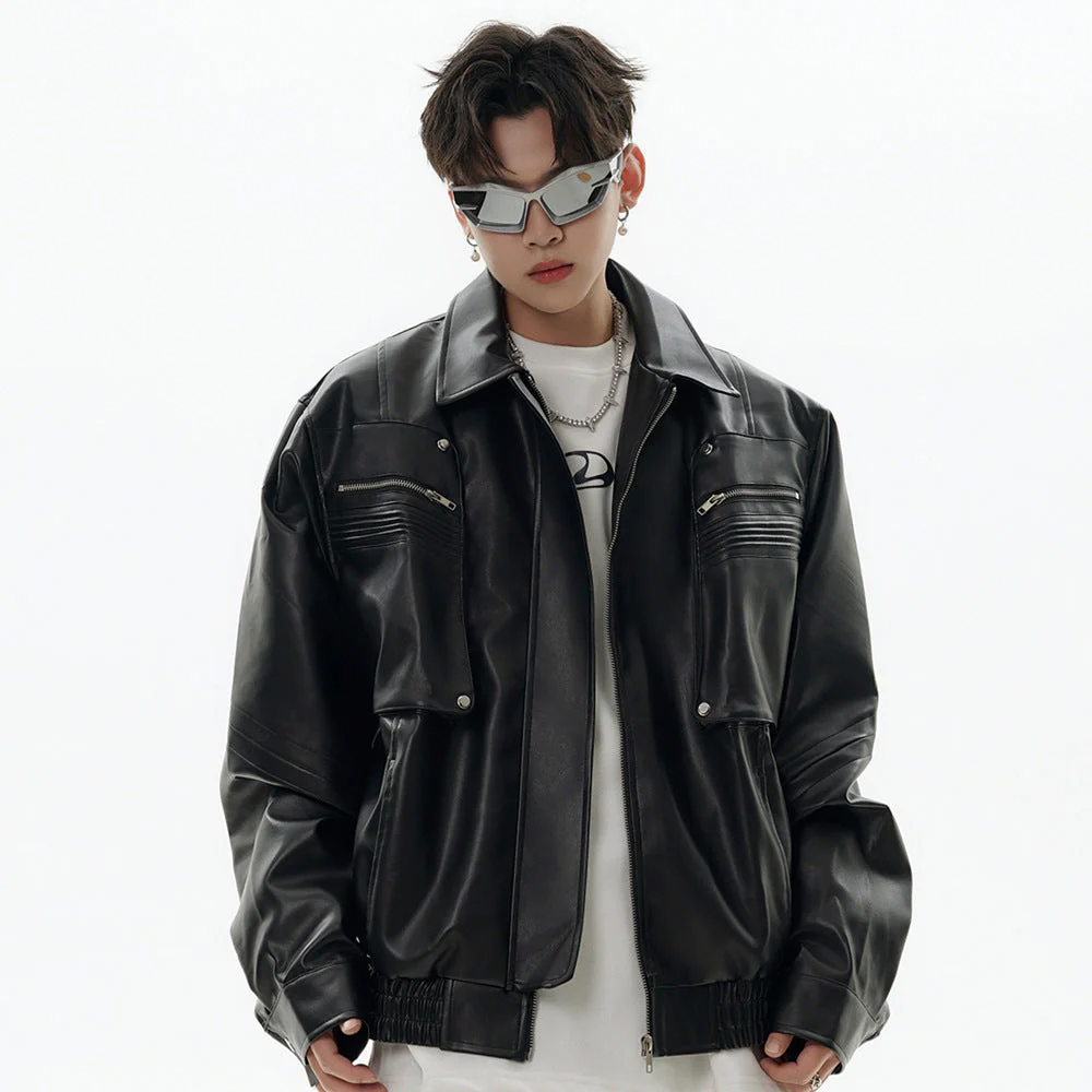 Soft men's PU leather jacket - motorcycle/biker style, durable PU leather, spring wear