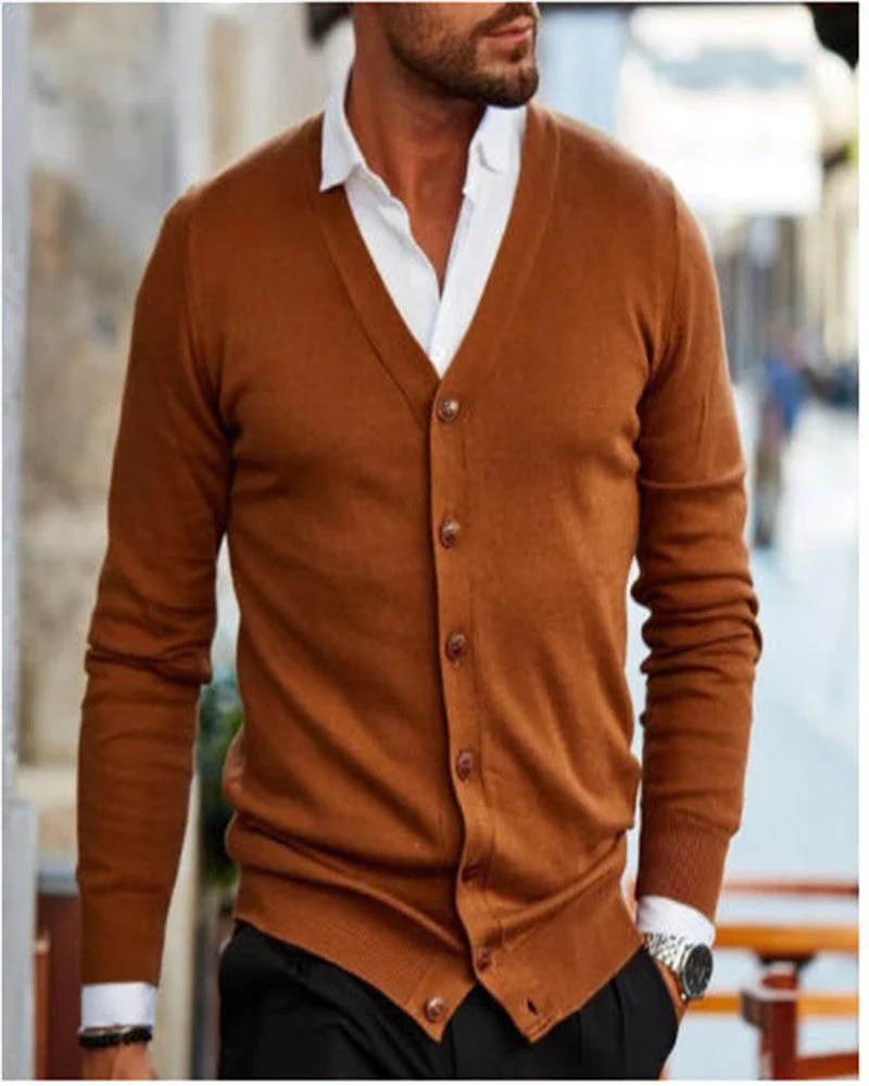 Soft Men's Sweater Jacket - V Neck Button Up, Cotton Blend - Image 7