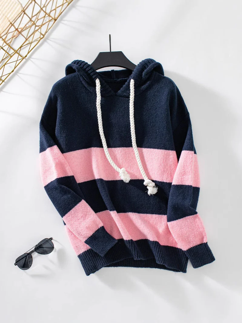 Soft Relaxed Women Hoodie - Color Block Knit, Casual - Image 4