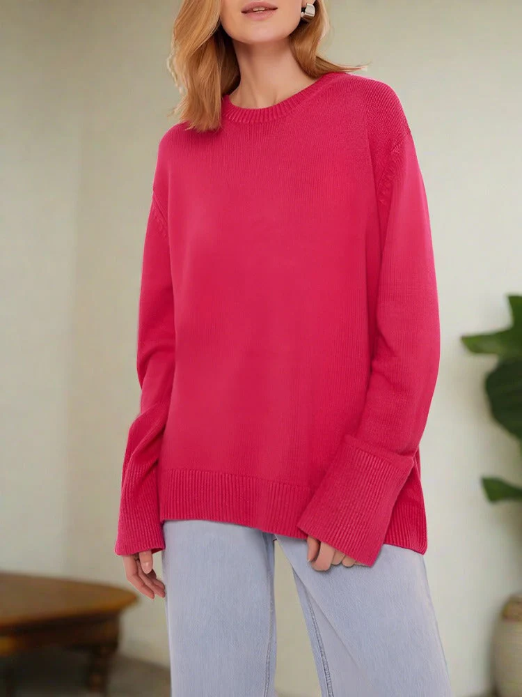 Soft Relaxed Women Knit Pullover - Oversized Crew, Ribbed