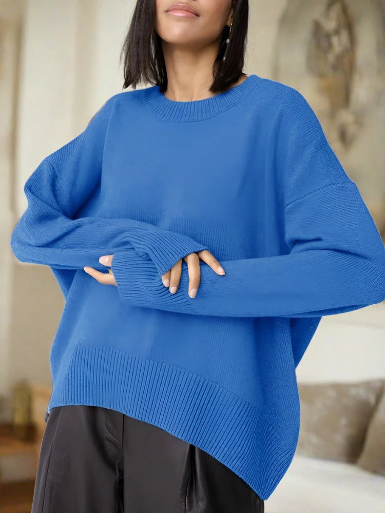 Soft Relaxed Women Knit Pullover - Oversized Crew, Ribbed - Image 2