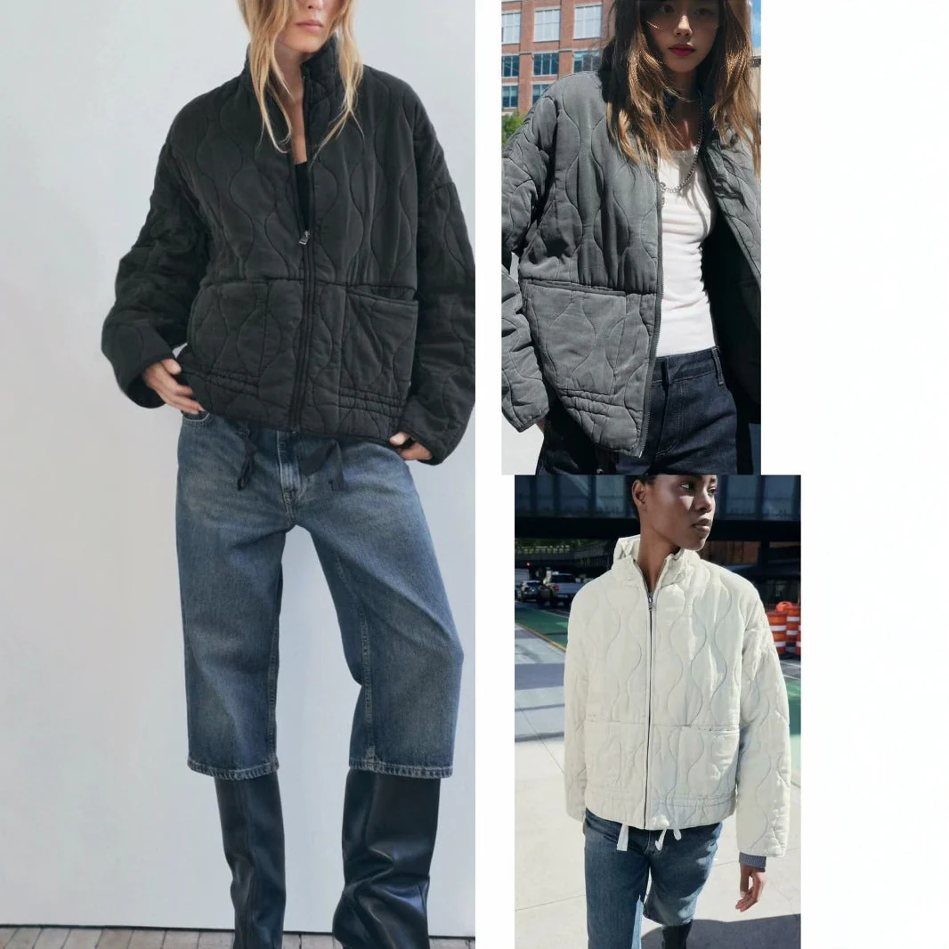 Soft Relaxed Women Quilted Jacket - Stand-Collar, Tencel - Image 3