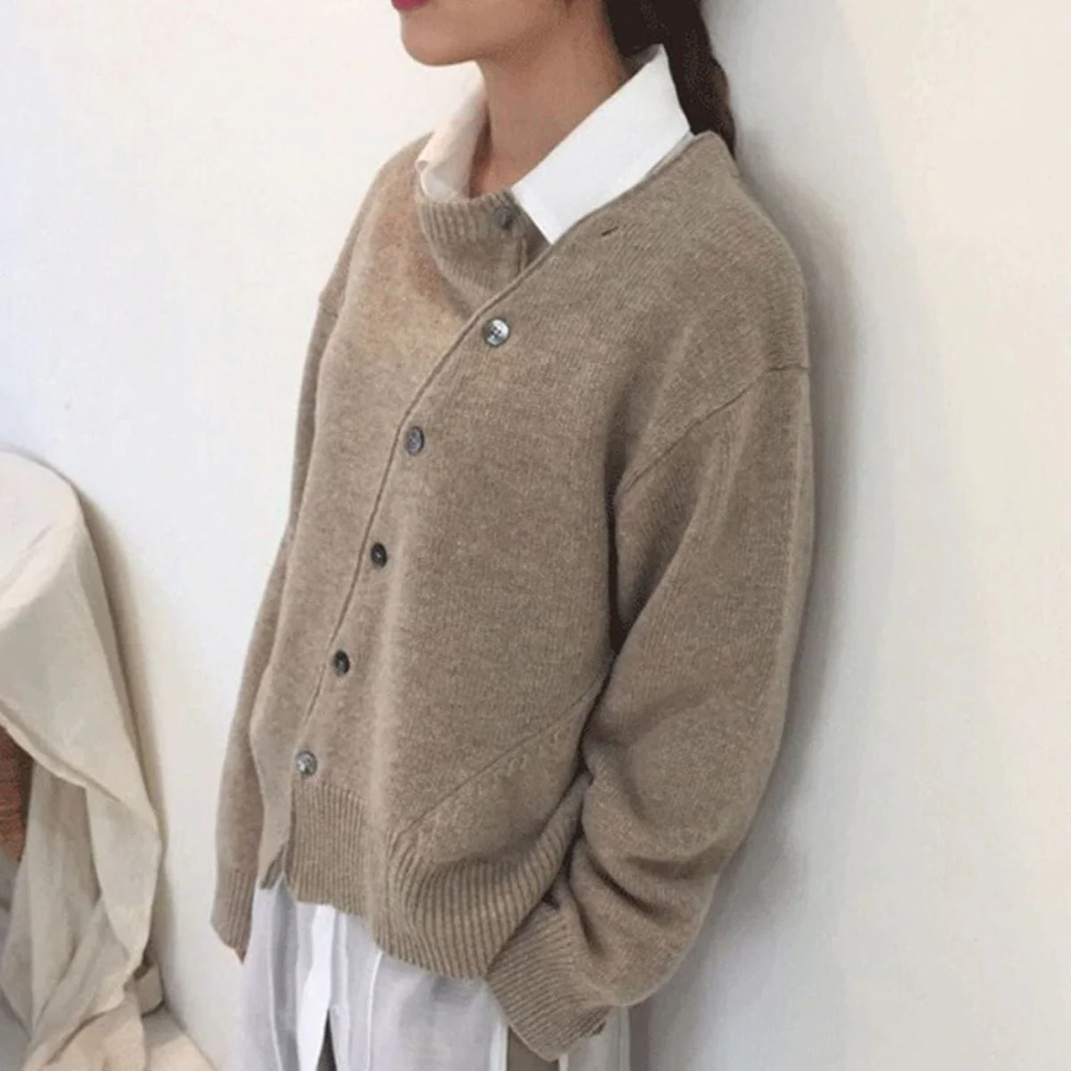 Soft Relaxed Women’s Cardigan - Asymmetrical Button, Knit - Image 5