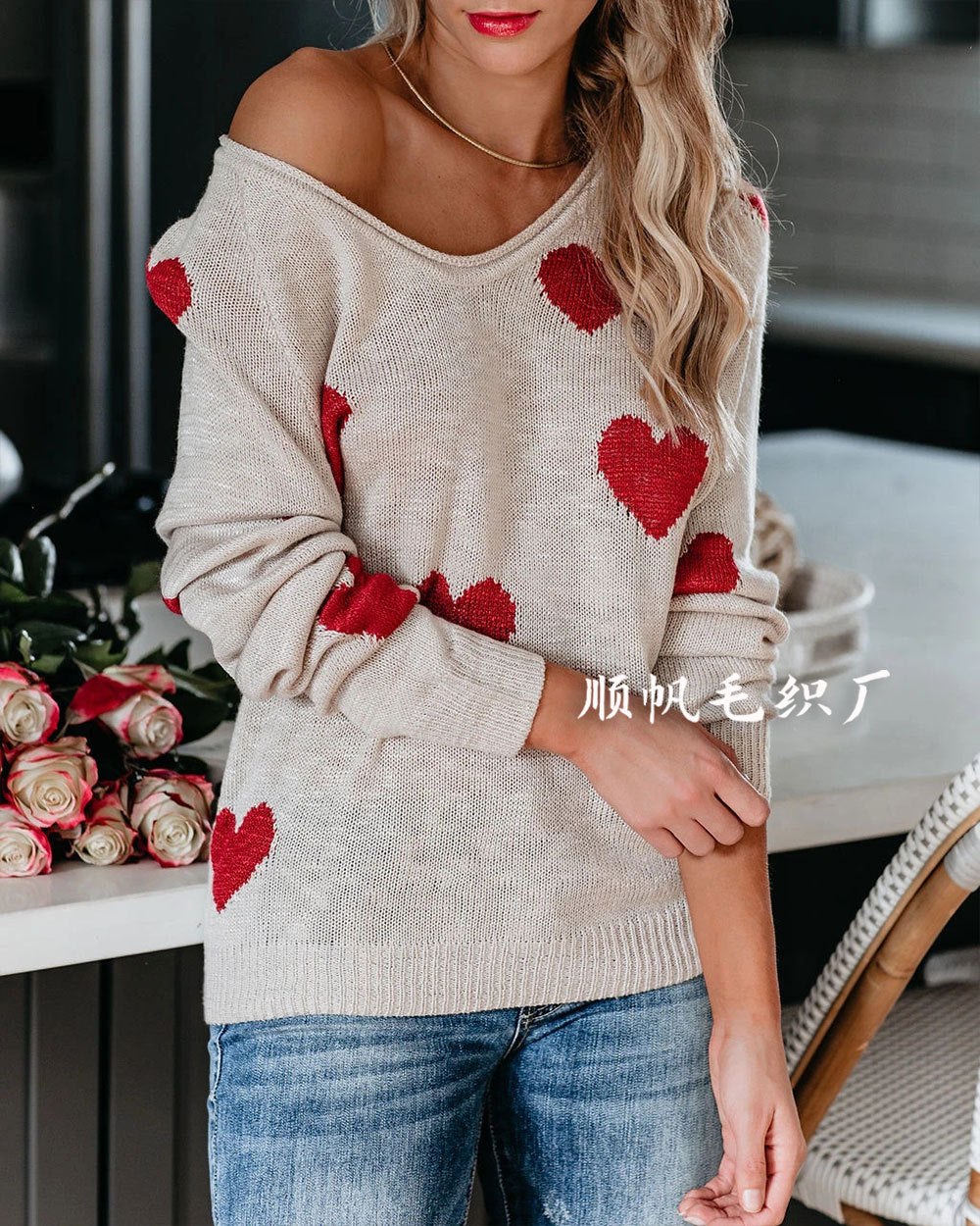 Soft Relaxed Women's Heart Sweater - V Neck, Knit, Everyday - Image 2