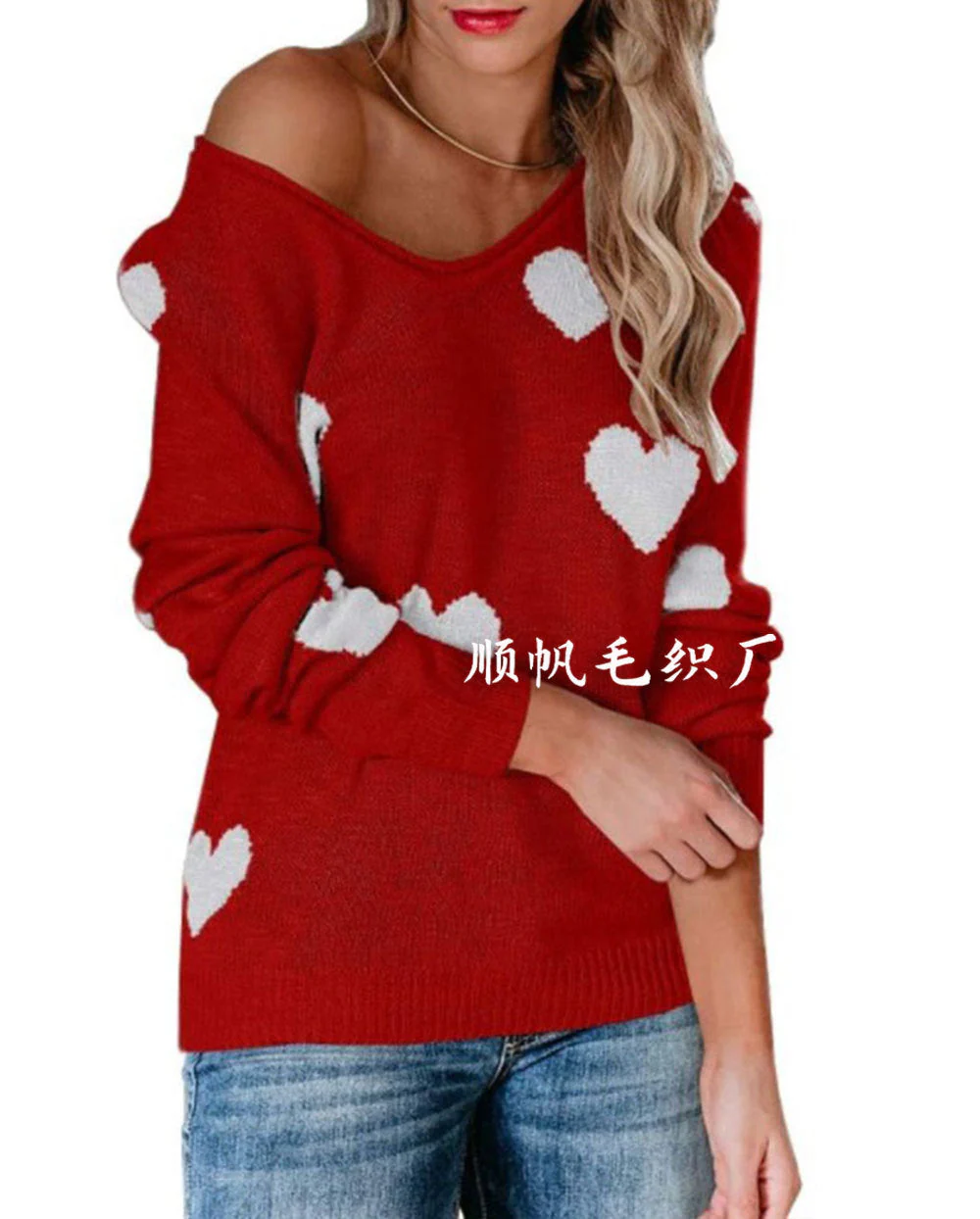 Soft Relaxed Women's Heart Sweater - V Neck, Knit, Everyday - Image 6