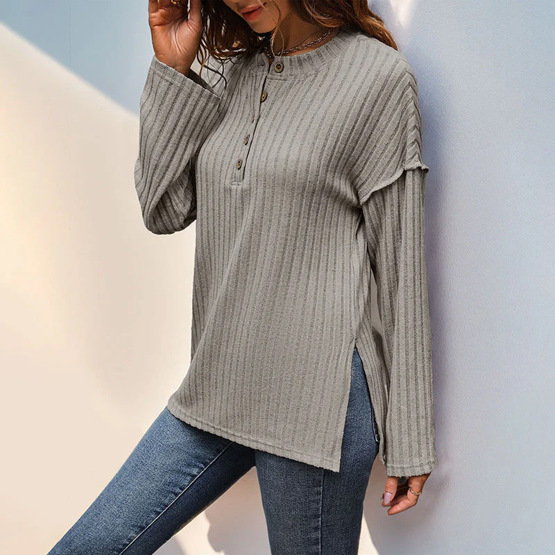 Soft Relaxed Women's Henley Top - Ribbed Polyester, Casual - Image 2