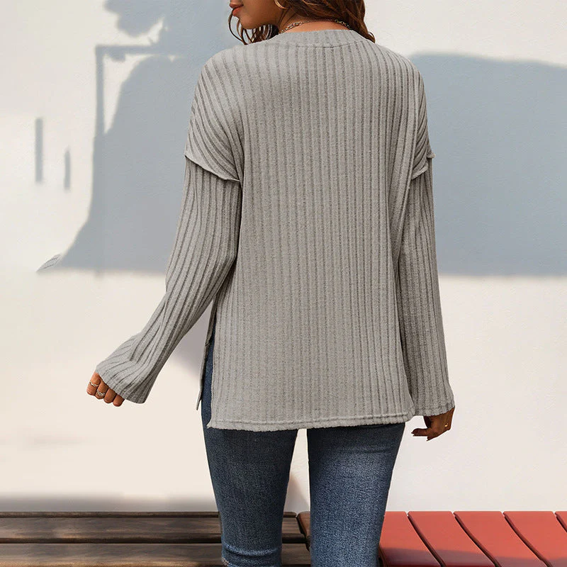 Soft Relaxed Women's Henley Top - Ribbed Polyester, Casual - Image 5