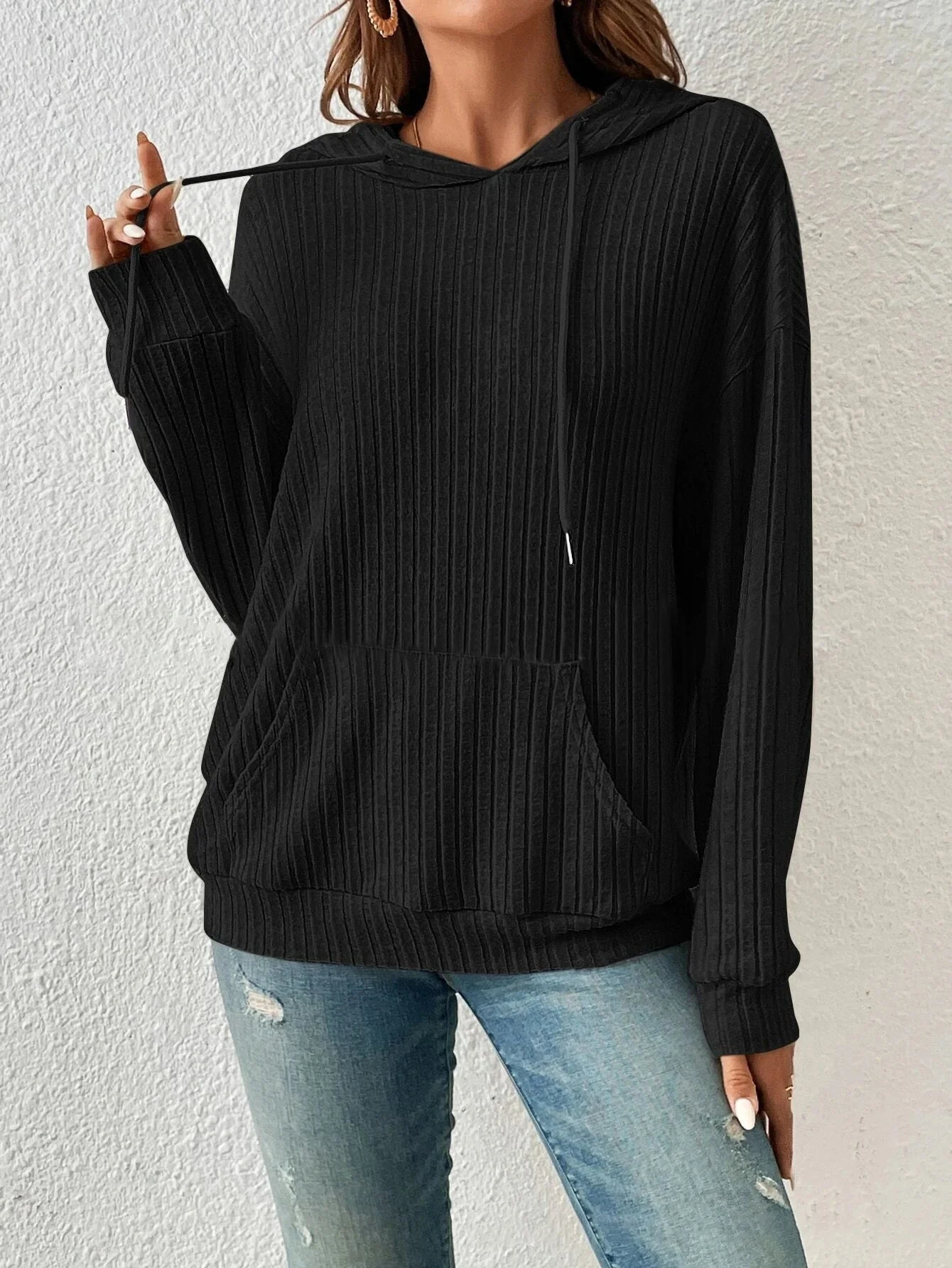 Soft Relaxed Women’s Hoodie - Ribbed Knit, Cotton, Casual - Image 5