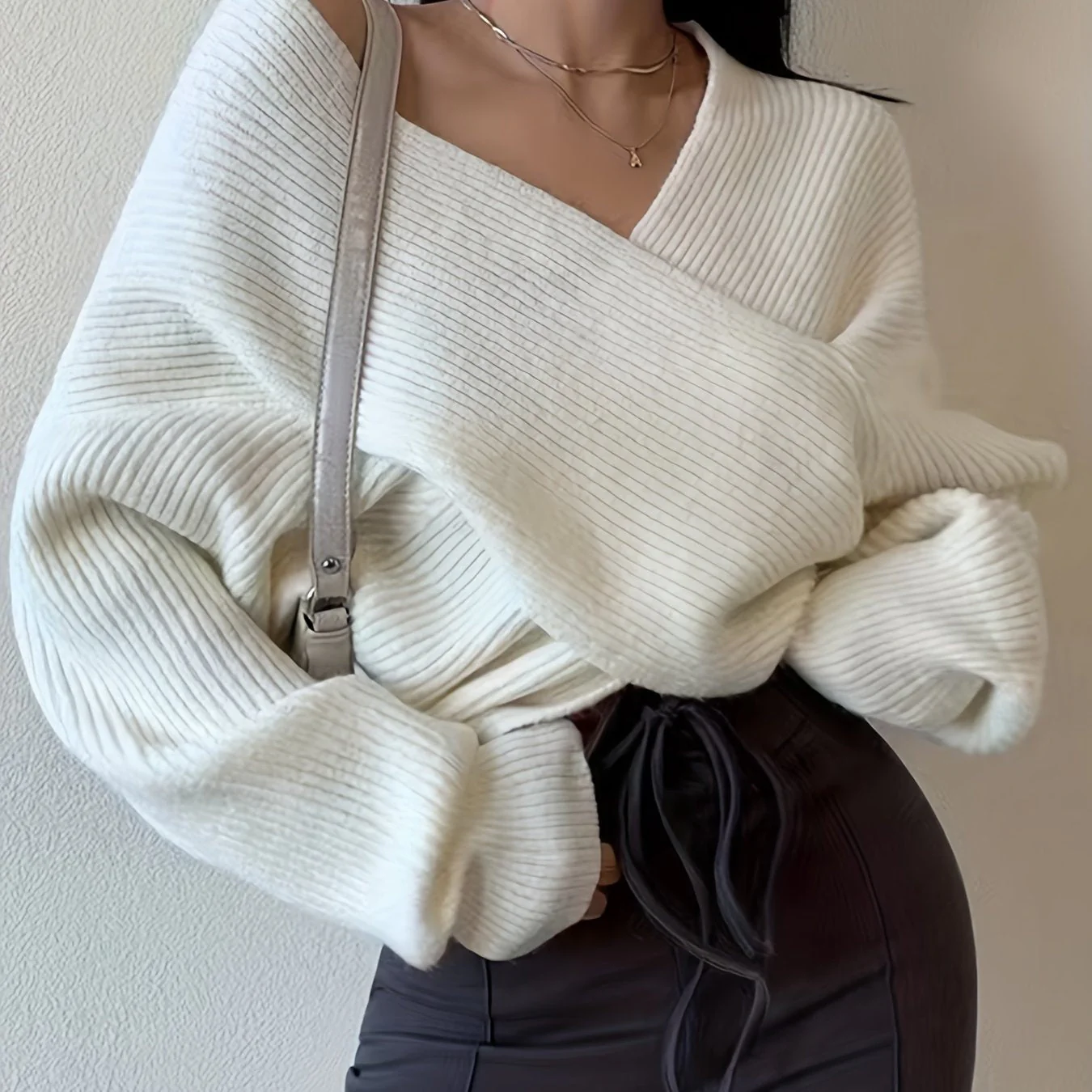 Soft Relaxed Women’s Knit Sweater - Off Shoulder Ribbed - Image 2
