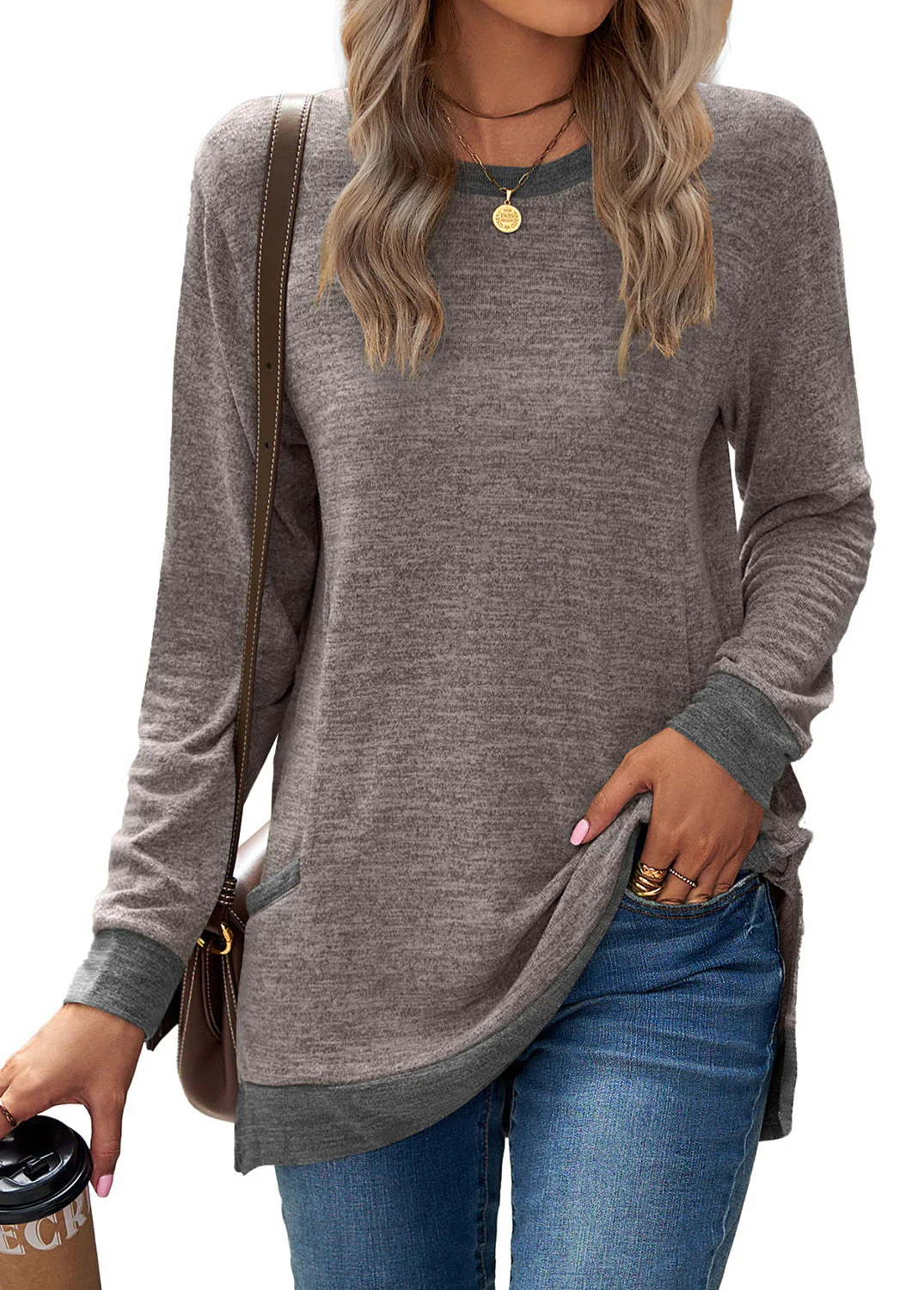 Soft Relaxed Women’s Long Sleeve Pullover - Round Neck Tunic, Cotton Cashmere Knit, Pocketed Mid Length Top For Casual Wear - Image 4