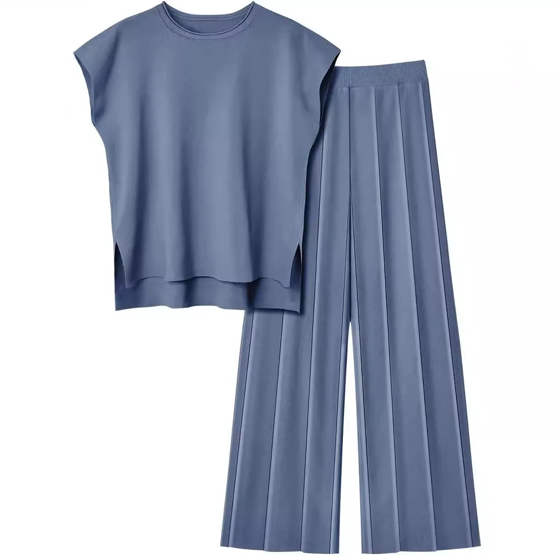 Soft Relaxed Women’s Two-Piece Pant Set – Sleeveless Round-Neck Knit Top, High-Waist Wide-Leg Trousers For Summer - Image 3