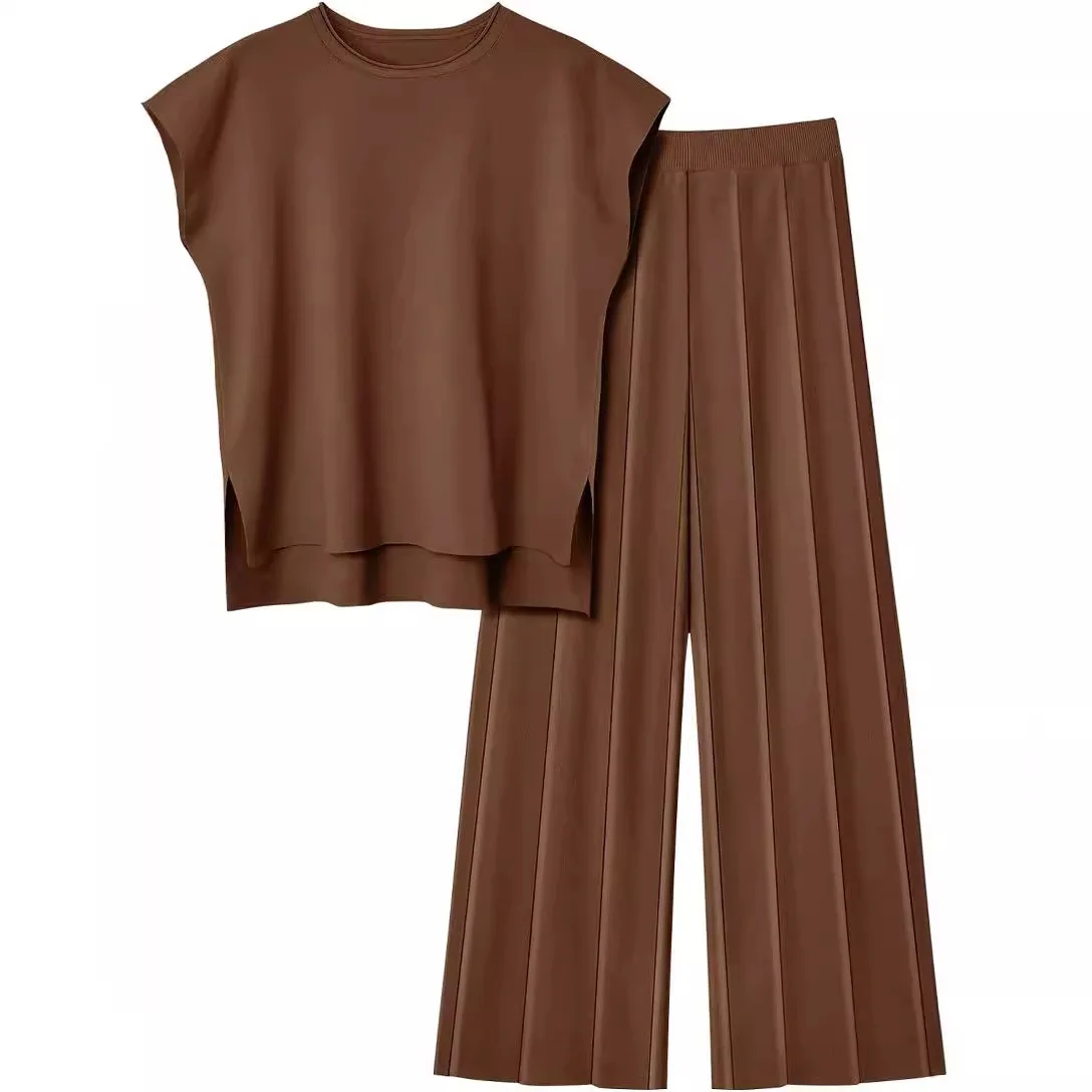 Soft Relaxed Women’s Two-Piece Pant Set – Sleeveless Round-Neck Knit Top, High-Waist Wide-Leg Trousers For Summer - Image 4