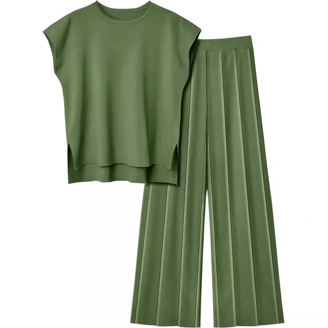 Soft Relaxed Women’s Two-Piece Pant Set – Sleeveless Round-Neck Knit Top, High-Waist Wide-Leg Trousers For Summer - Image 5