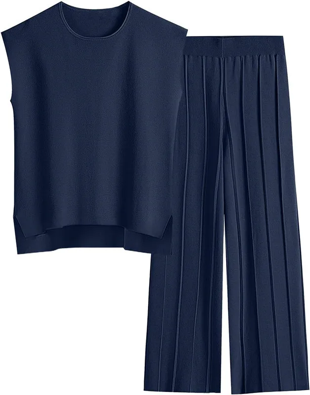 Soft Relaxed Women’s Two-Piece Pant Set – Sleeveless Round-Neck Knit Top, High-Waist Wide-Leg Trousers For Summer - Image 7