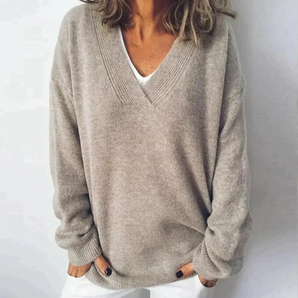 Soft Relaxed Women V Neck Sweater - Oversized Knit Top