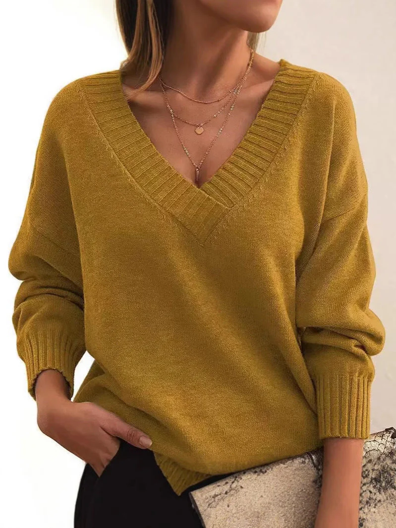 Soft Relaxed Women V-Neck Sweater - Ribbed Knit Layering - Image 3