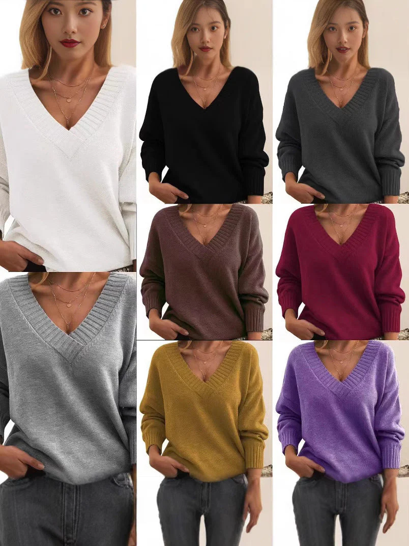 Soft Relaxed Women V-Neck Sweater - Ribbed Knit Layering - Image 4