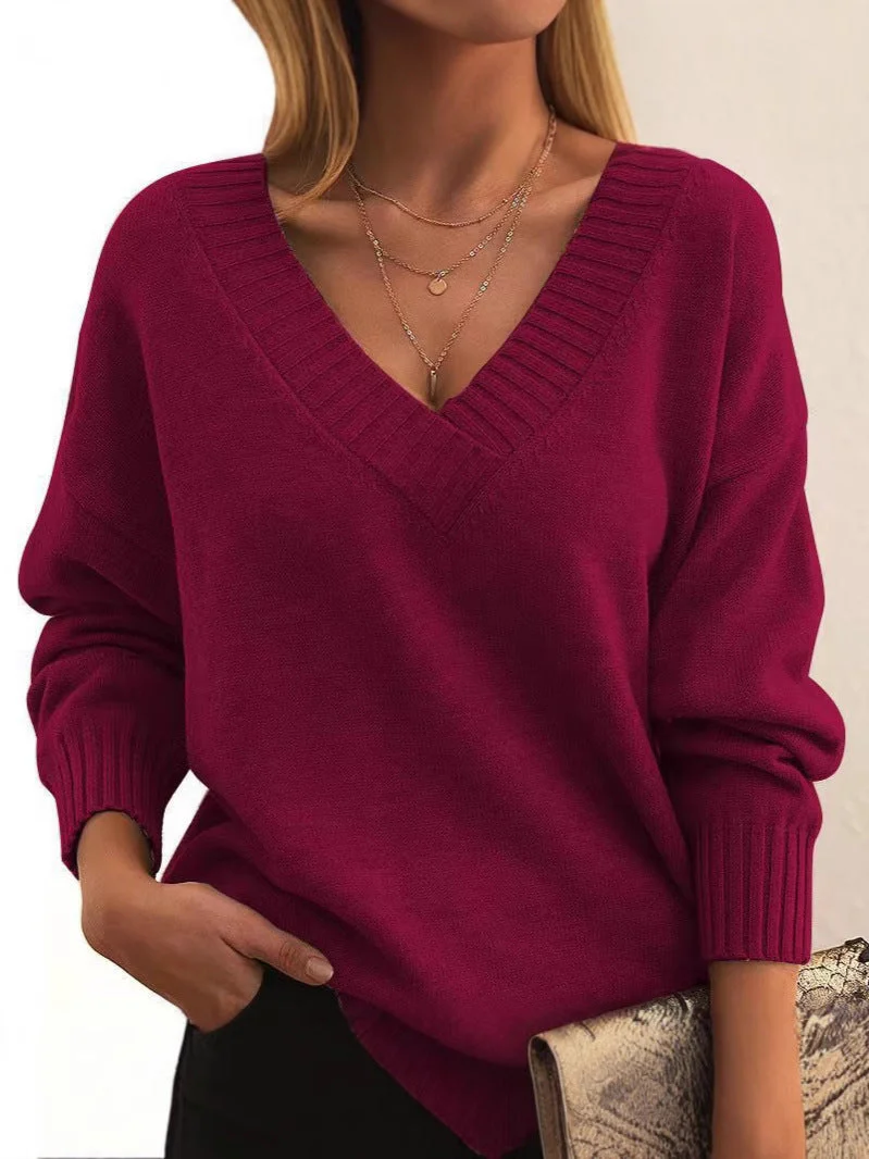 Soft Relaxed Women V-Neck Sweater - Ribbed Knit Layering - Image 5