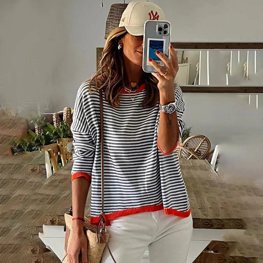 Soft Relaxed Womens Pullover Sweater - Striped Knit, Casual - Image 2
