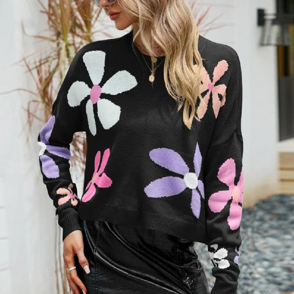 Soft Women Knit Sweater - Boxy Floral Pullover, Acrylic - Image 2