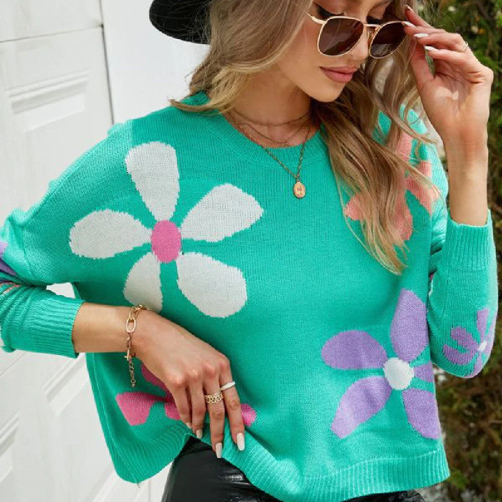 Soft Women Knit Sweater - Boxy Floral Pullover, Acrylic - Image 3