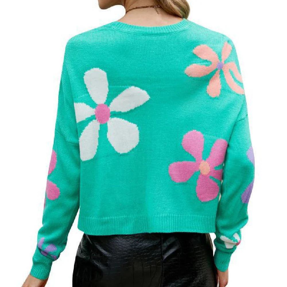 Soft Women Knit Sweater - Boxy Floral Pullover, Acrylic - Image 4