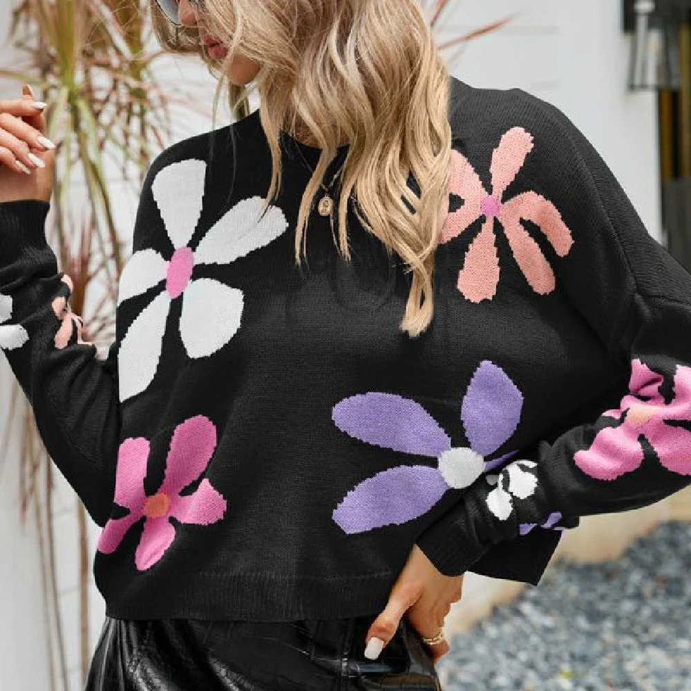 Soft Women Knit Sweater - Boxy Floral Pullover, Acrylic - Image 7