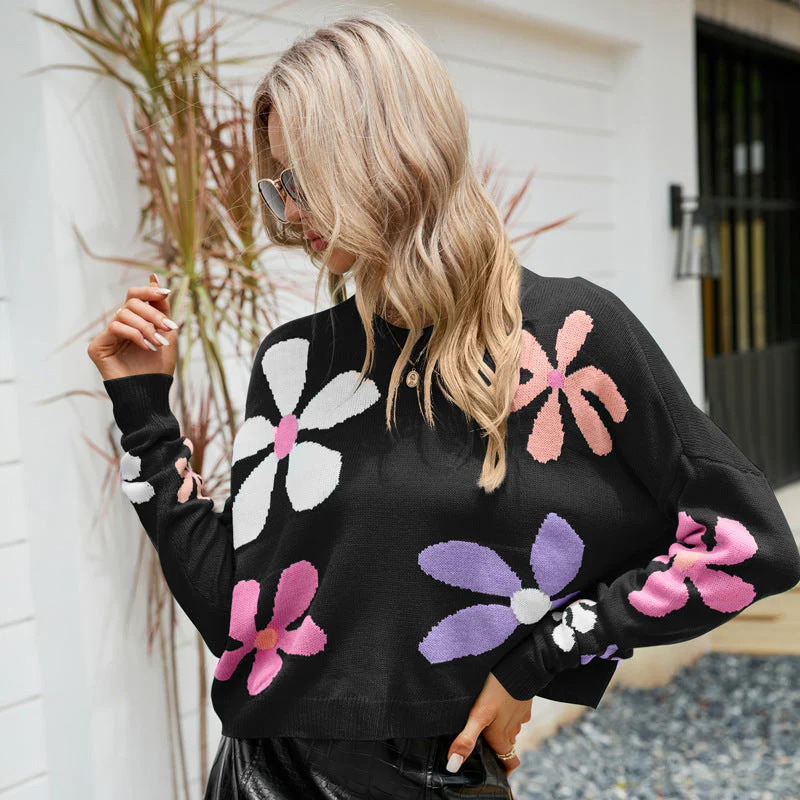 Soft Women Knit Sweater - Boxy Floral Pullover, Acrylic - Image 8