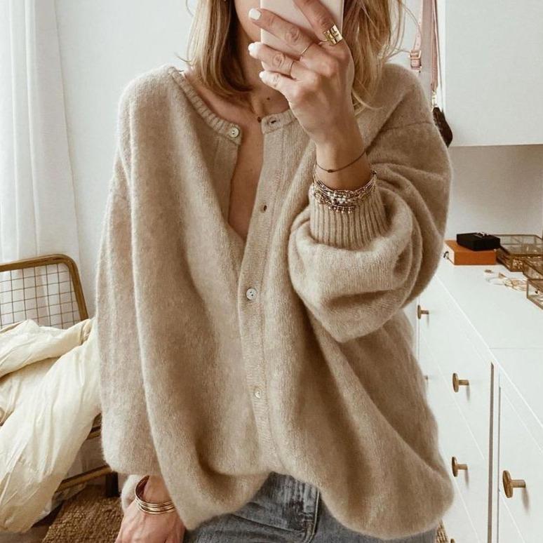 Soft Women’s Cardigan - Balloon Sleeves, Brushed Knit