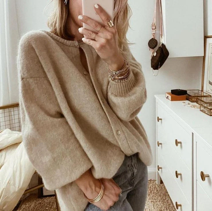 Soft Women’s Cardigan - Balloon Sleeves, Brushed Knit - Image 2