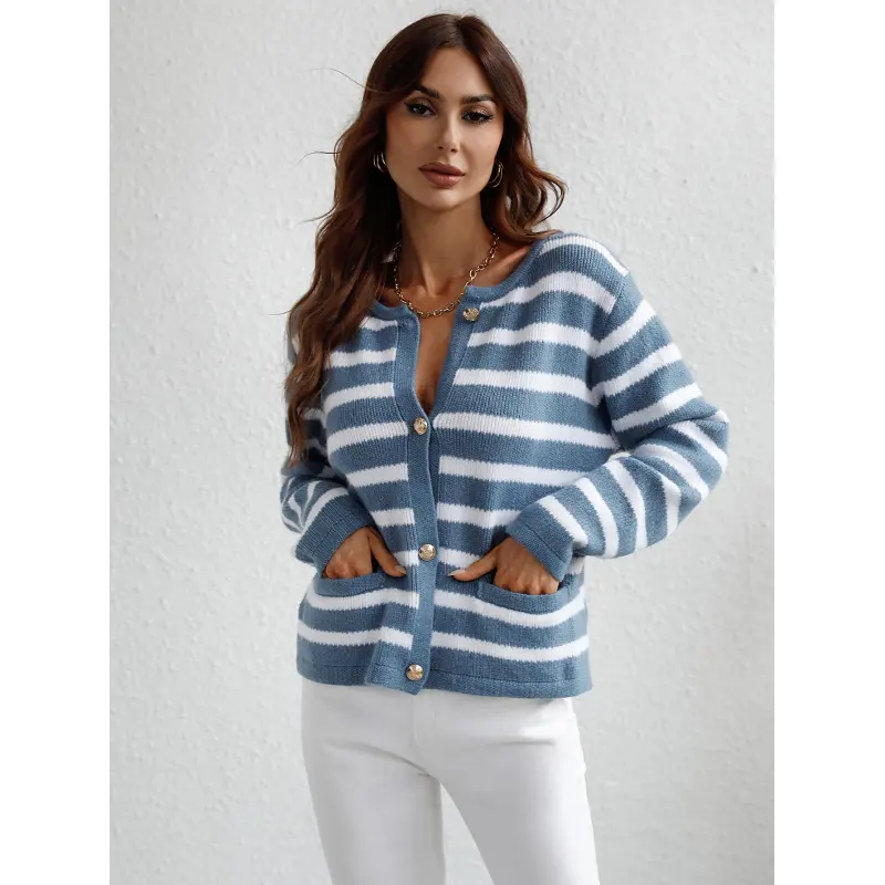 Soft Women's Cardigan - Striped Button Up, Textured Knit - Image 13