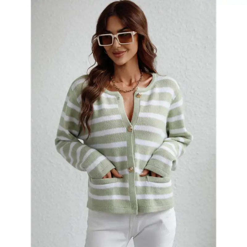 Soft Women's Cardigan - Striped Button Up, Textured Knit - Image 14